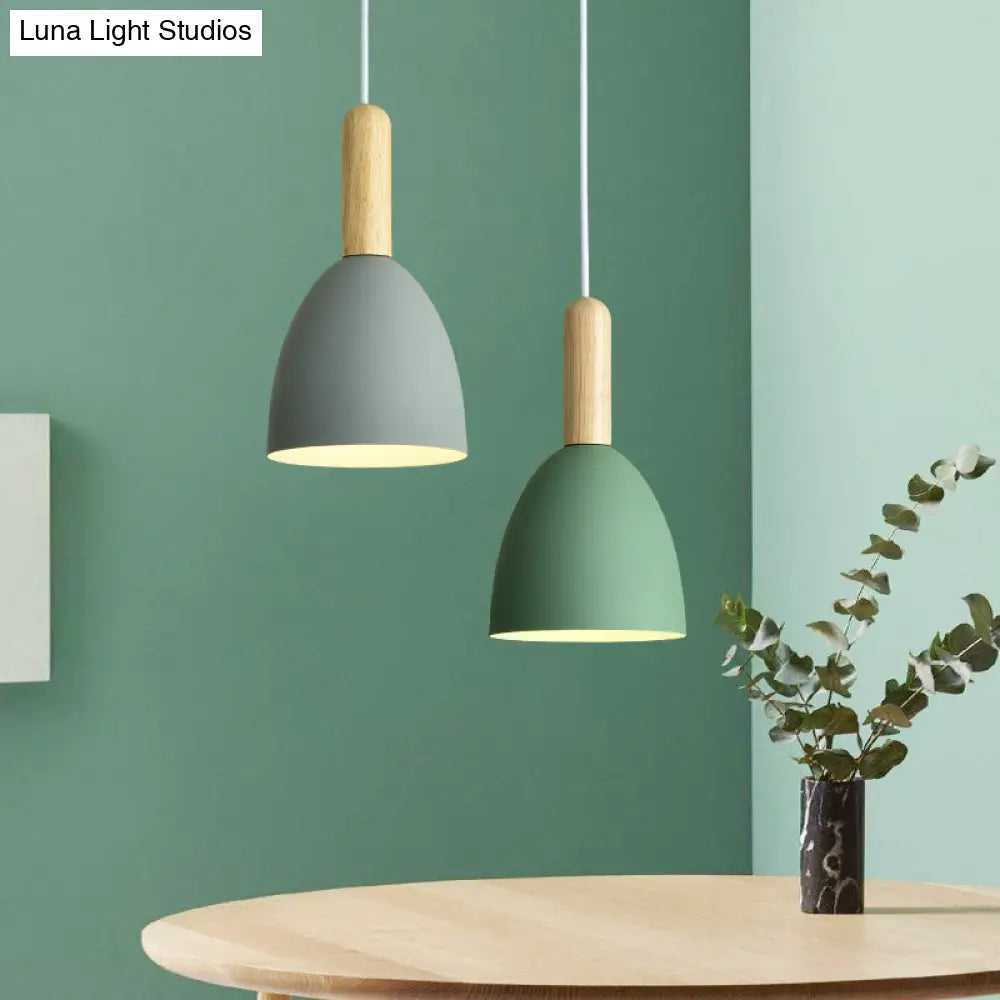 Macaron 1-Head Pendant Light: Metallic Bell Hanging With Wooden Handle