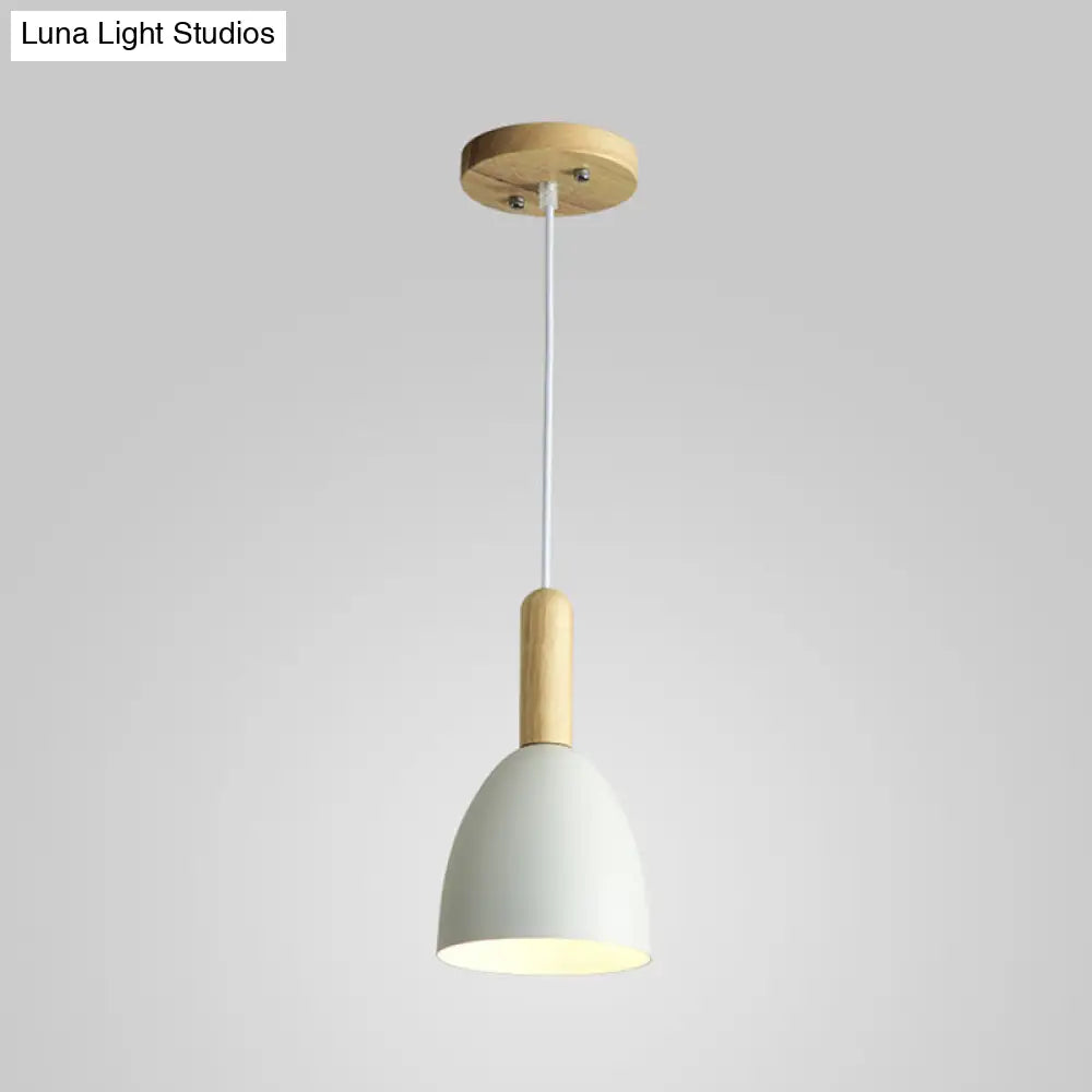 Macaron 1-Head Pendant Light: Metallic Bell Hanging With Wooden Handle