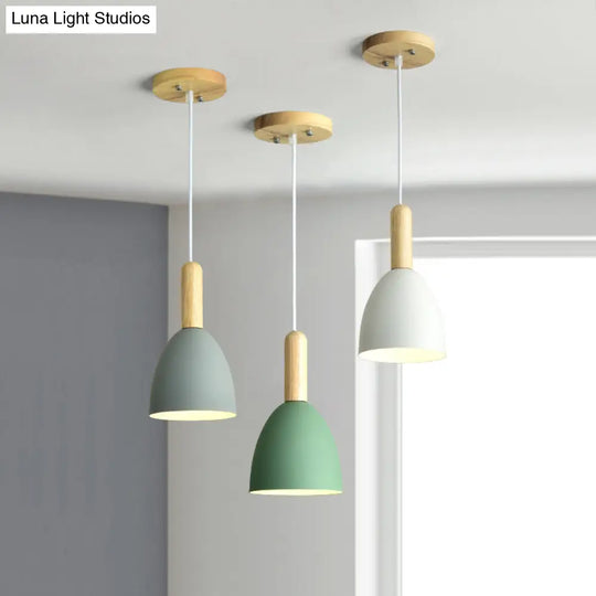 Macaron 1-Head Pendant Light: Metallic Bell Hanging With Wooden Handle