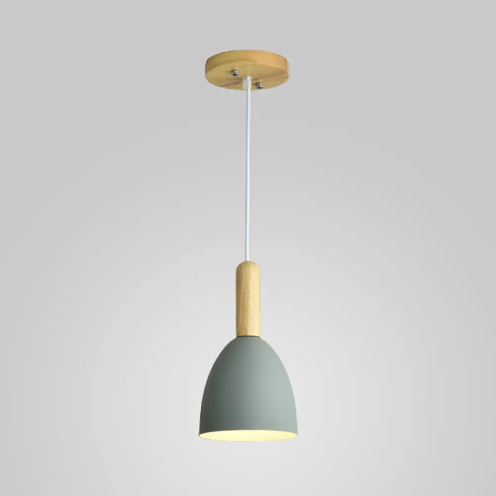 Macaron 1-Head Pendant Light: Metallic Bell Hanging With Wooden Handle Grey