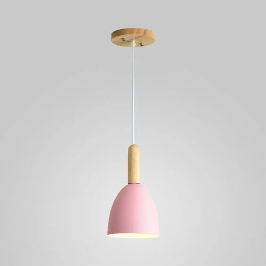 Macaron 1-Head Pendant Light: Metallic Bell Hanging With Wooden Handle Pink