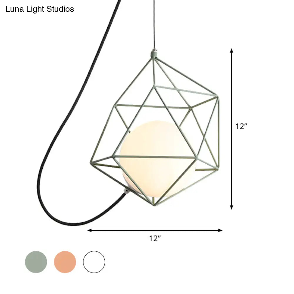 Macaron Style Ceiling Pendant With Wire Cage Design - White/Orange/Green Finish