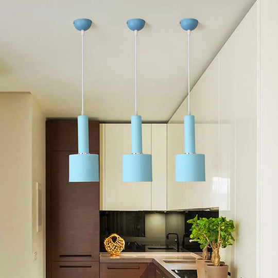 Macaron 1-Light Blue Finish 2-Layer Tube Metal Hanging Light Kit Ceiling Pendant Lamp For Table