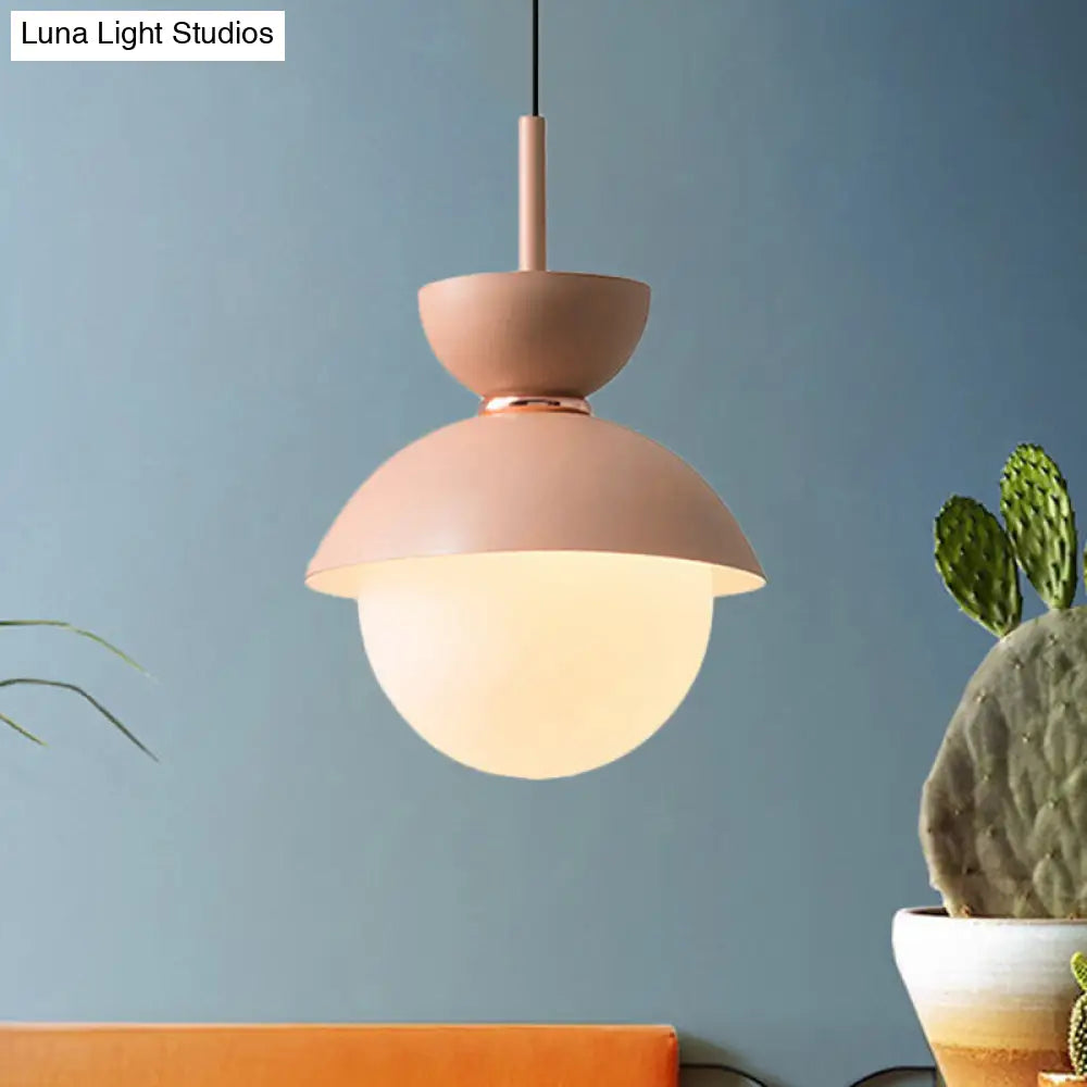 Macaron Pink Bowl Pendant Light With Frosted Glass Diffuser - Iron Hanging Lamp 1 Kit