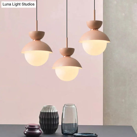 Macaron 1-Light Pink Bowl Pendant Lighting With Frosted Glass Diffuser - Stylish Iron Hanging Lamp