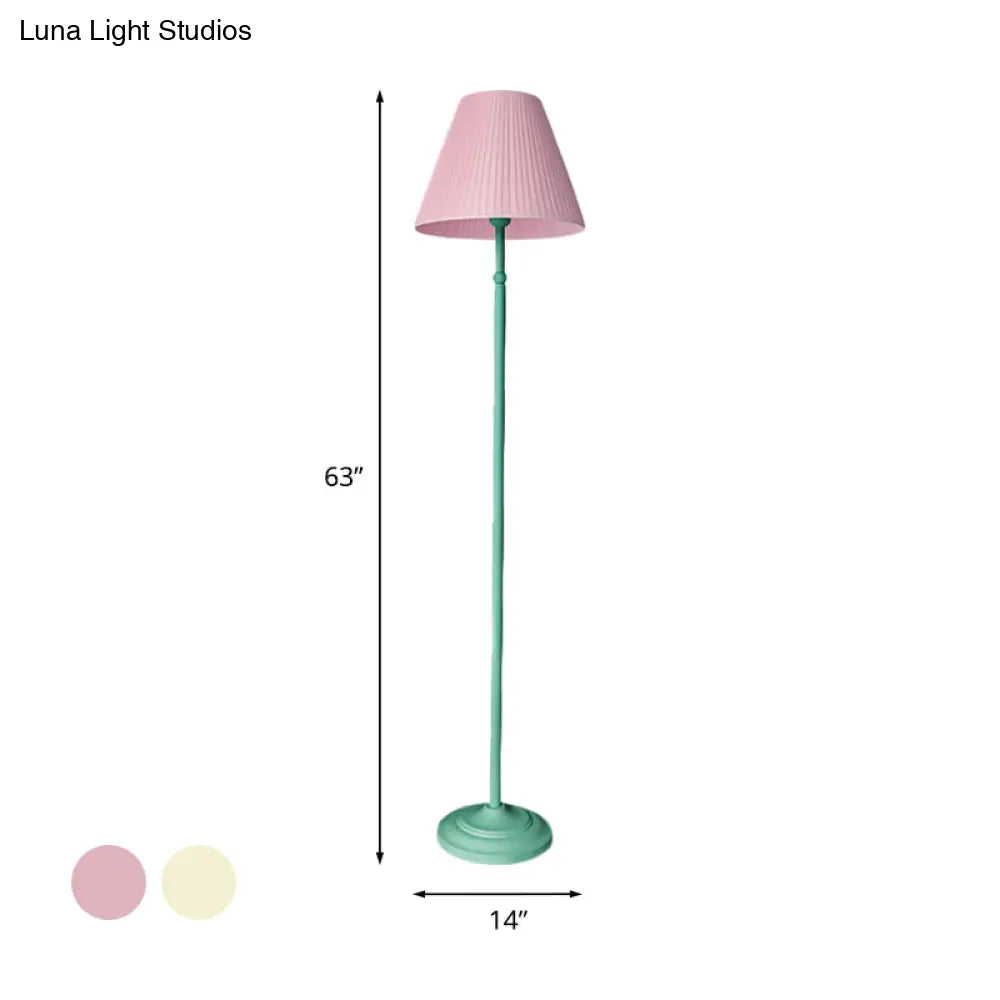 Macaron 1-Light Straight Rod Iron Floor Lamp In Pink/Green With Pleated Pink/Yellow Shade