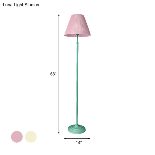 Macaron 1-Light Straight Rod Iron Floor Lamp In Pink/Green With Pleated Pink/Yellow Shade