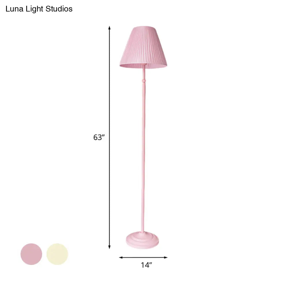 Macaron 1-Light Straight Rod Iron Floor Lamp In Pink/Green With Pleated Pink/Yellow Shade