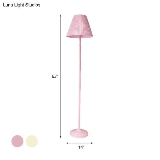 Macaron 1-Light Straight Rod Iron Floor Lamp In Pink/Green With Pleated Pink/Yellow Shade