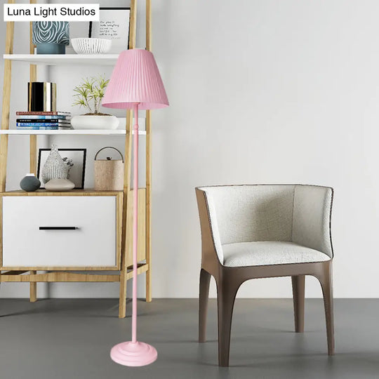 Macaron 1-Light Straight Rod Iron Floor Lamp In Pink/Green With Pleated Pink/Yellow Shade