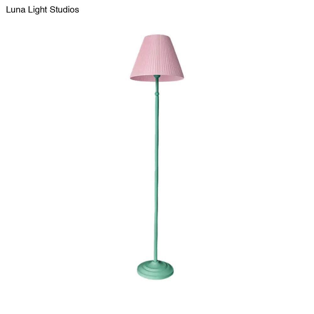 Macaron 1-Light Straight Rod Iron Floor Lamp In Pink/Green With Pleated Pink/Yellow Shade