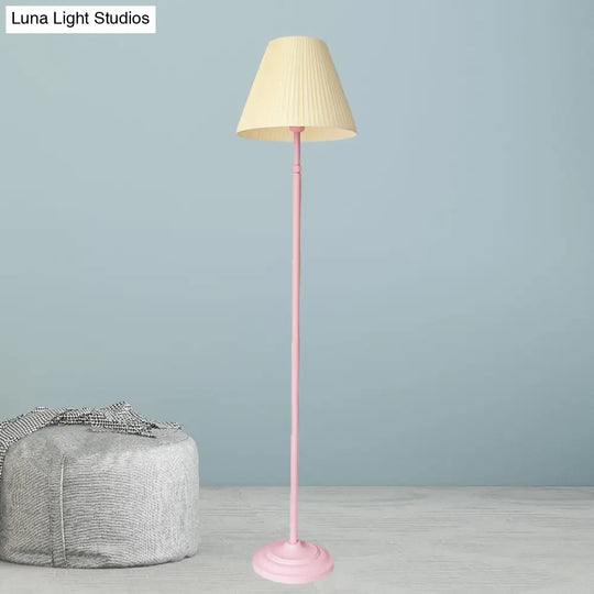 Macaron 1-Light Straight Rod Iron Floor Lamp In Pink/Green With Pleated Pink/Yellow Shade