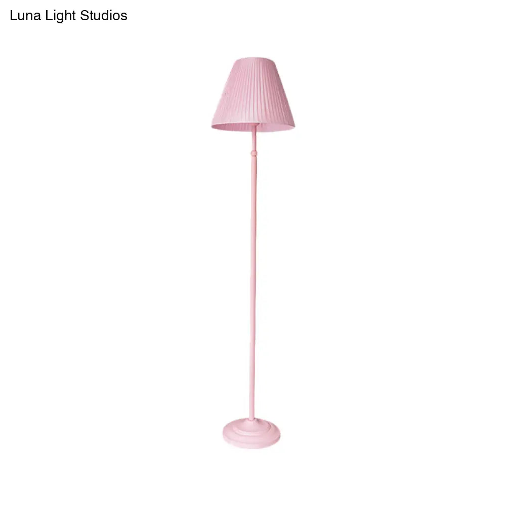 Macaron 1-Light Straight Rod Iron Floor Lamp In Pink/Green With Pleated Pink/Yellow Shade