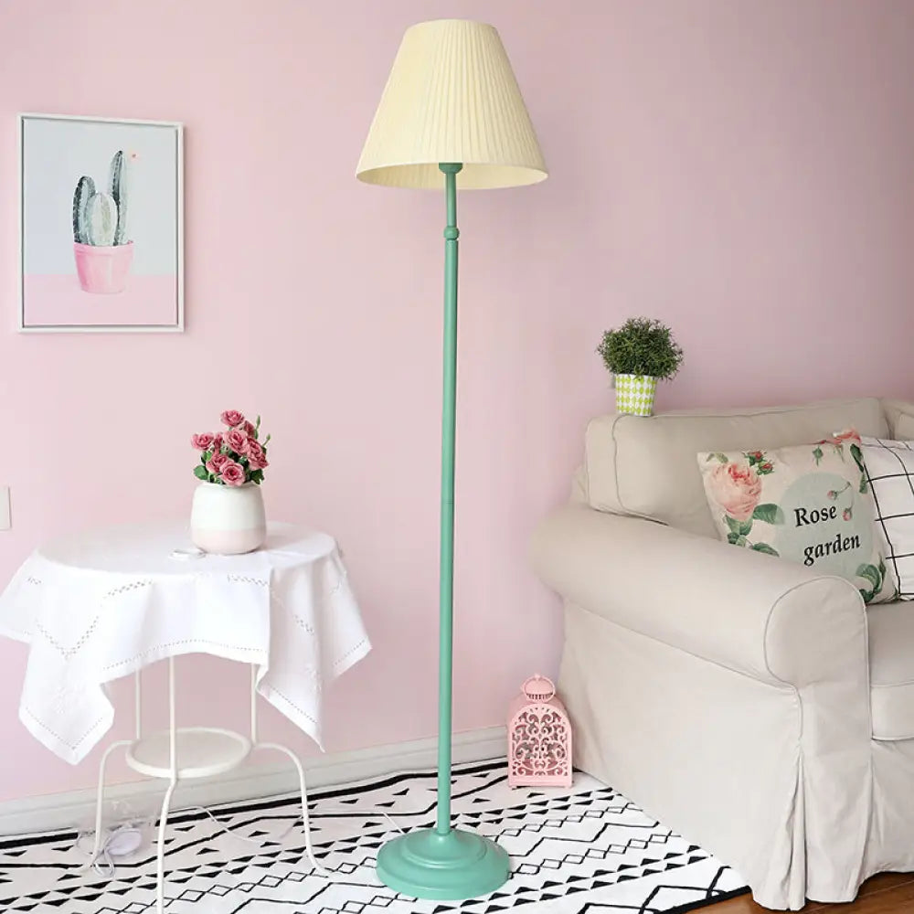 Macaron 1-Light Straight Rod Iron Floor Lamp In Pink/Green With Pleated Pink/Yellow Shade Green /