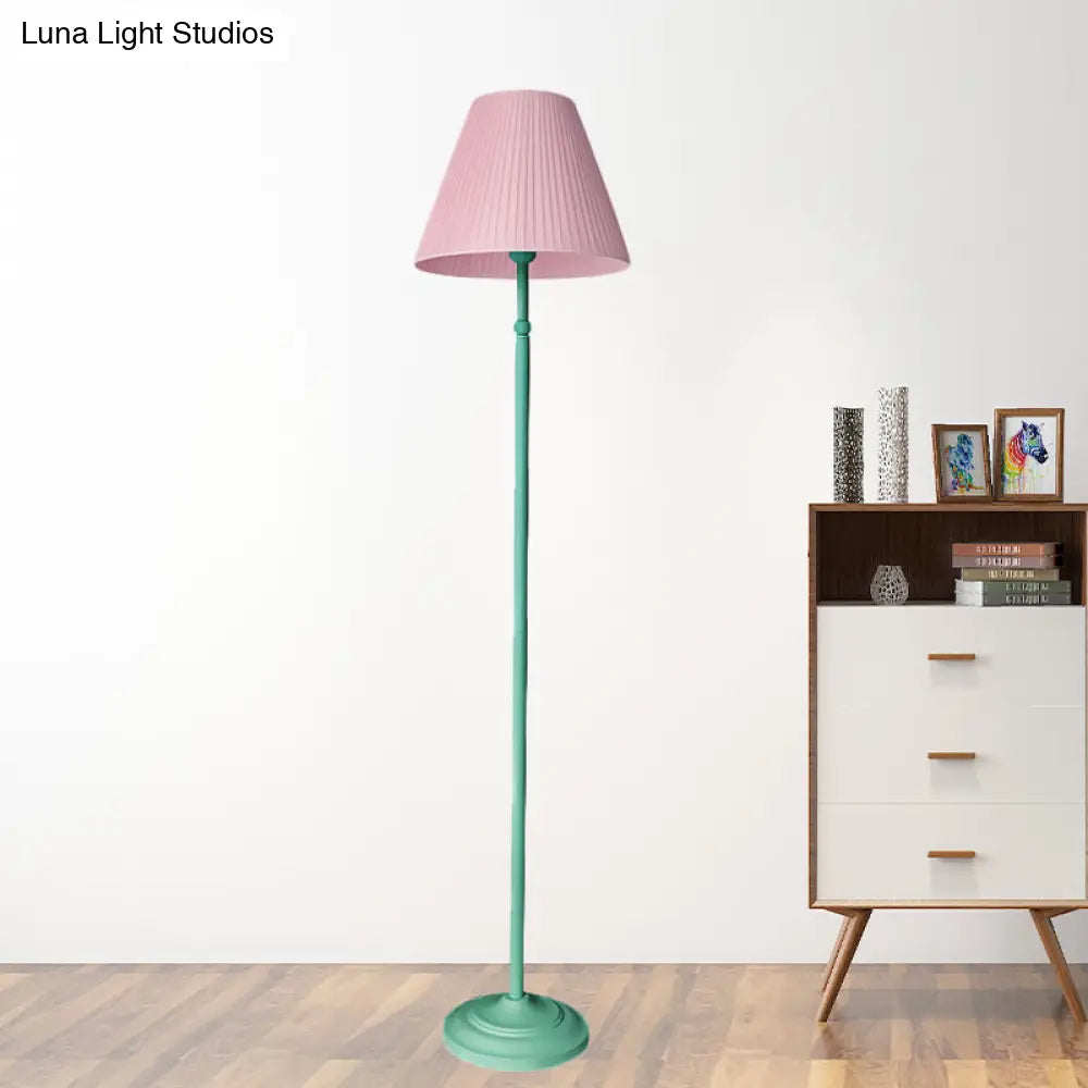 Macaron 1-Light Straight Rod Iron Floor Lamp In Pink/Green With Pleated Pink/Yellow Shade