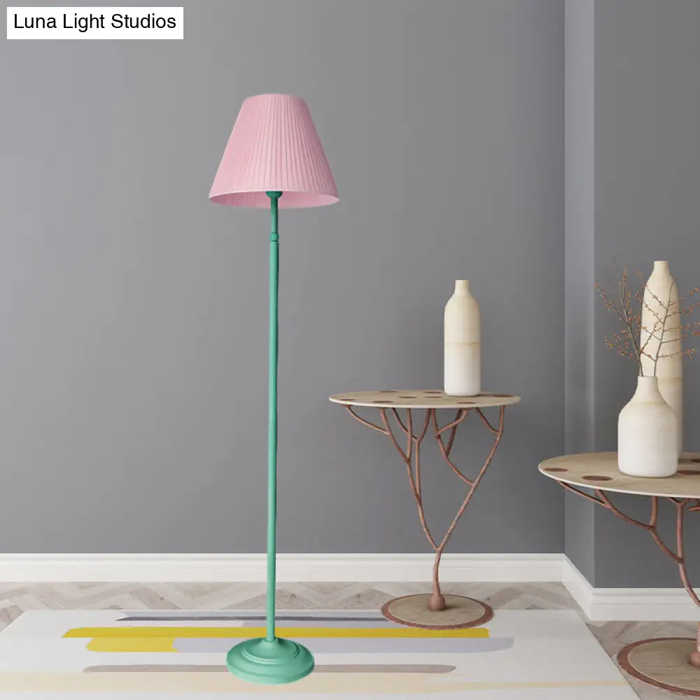 Macaron 1-Light Straight Rod Iron Floor Lamp In Pink/Green With Pleated Pink/Yellow Shade