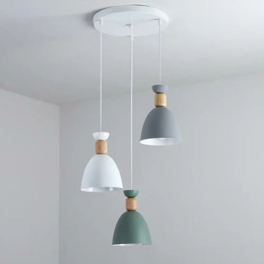 Macaron 3-Head Metallic Multi Ceiling Light: Inverted Cup Design White Suspension Lighting / Round