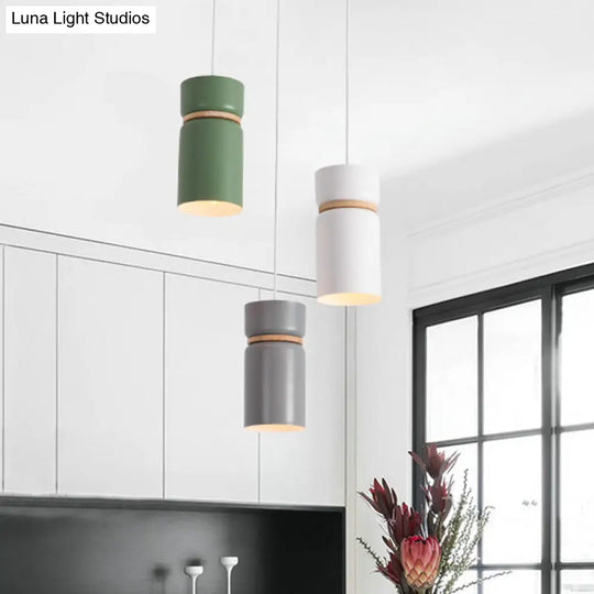 Macaron 3-Light Pendant: Metallic White-Grey-Green Tubes With Wood Band