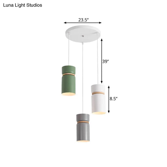Macaron 3-Light Cluster Pendant With Metallic White-Grey-Green Tubes And Wood Band