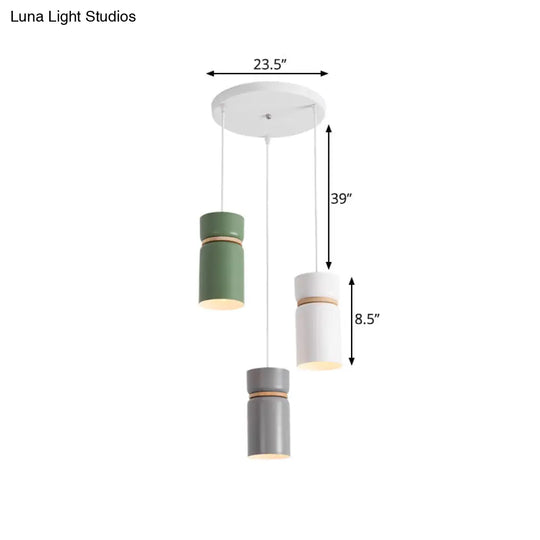 Macaron 3-Light Pendant: Metallic White-Grey-Green Tubes With Wood Band