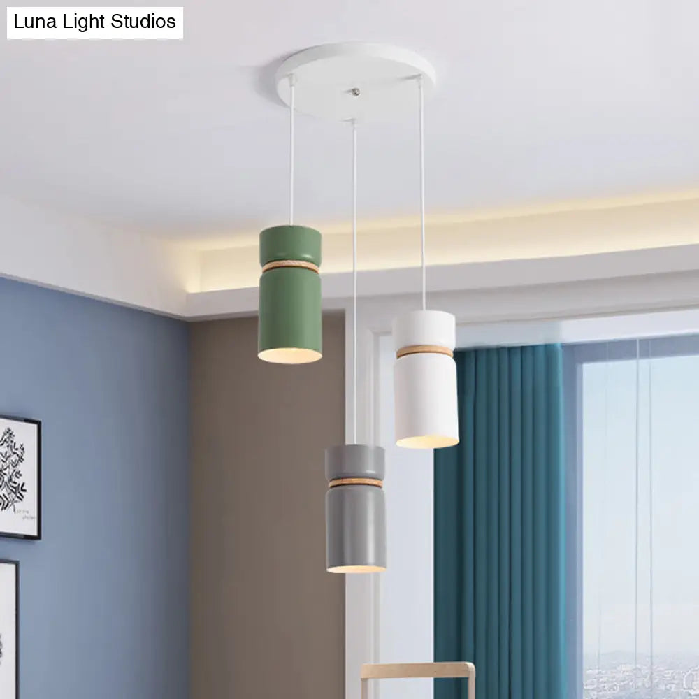 Macaron 3-Light Pendant: Metallic White-Grey-Green Tubes With Wood Band