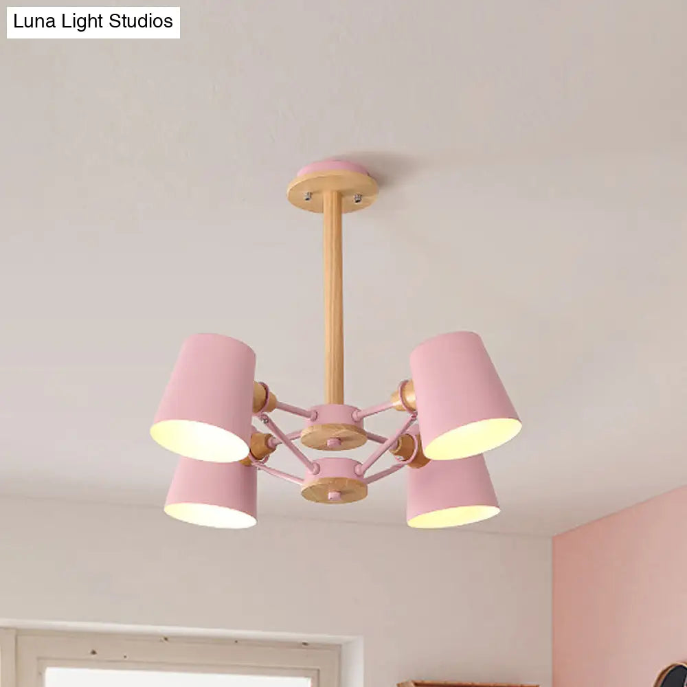 Macaron 4-Light Semi Flush Ceiling Lamp Pink/Yellow Barrel With Wood Rod