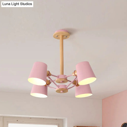 Macaron 4-Light Semi Flush Ceiling Lamp Pink/Yellow Barrel With Wood Rod