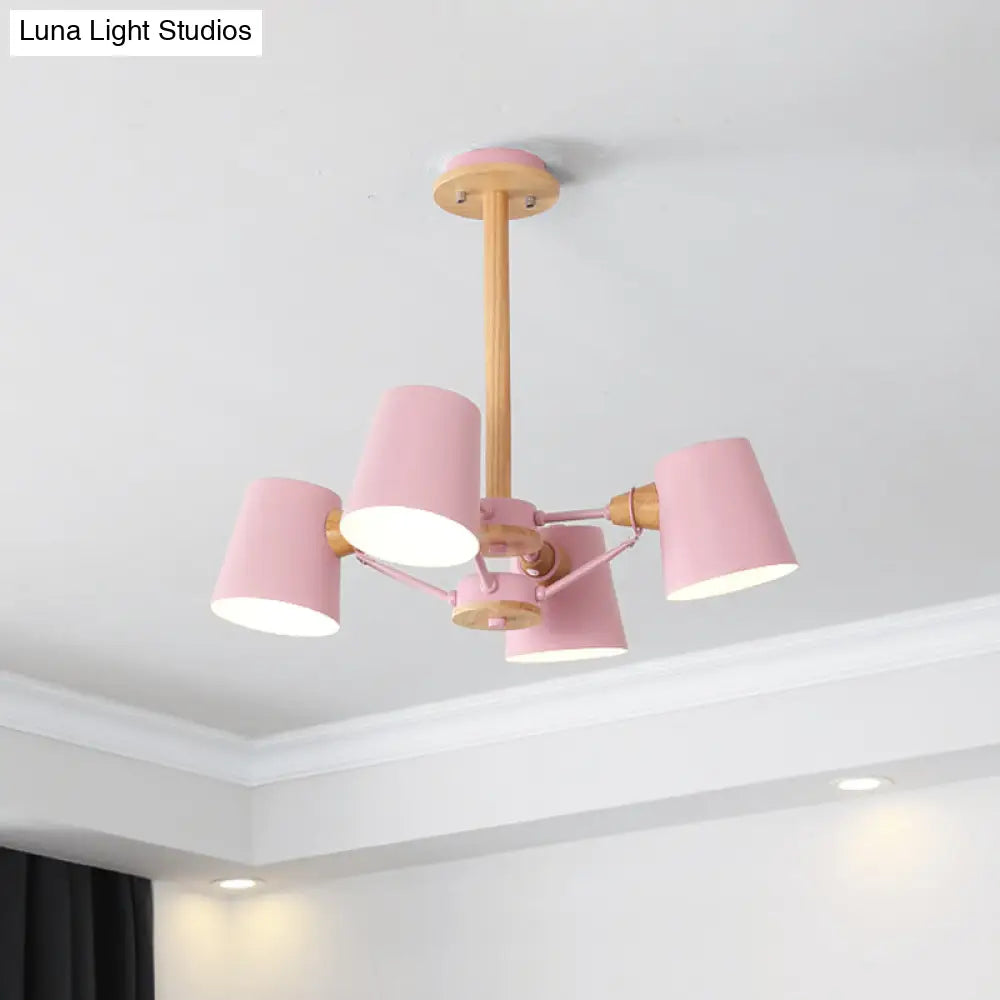 Macaron 4-Light Semi Flush Ceiling Lamp Pink/Yellow Barrel With Wood Rod Pink