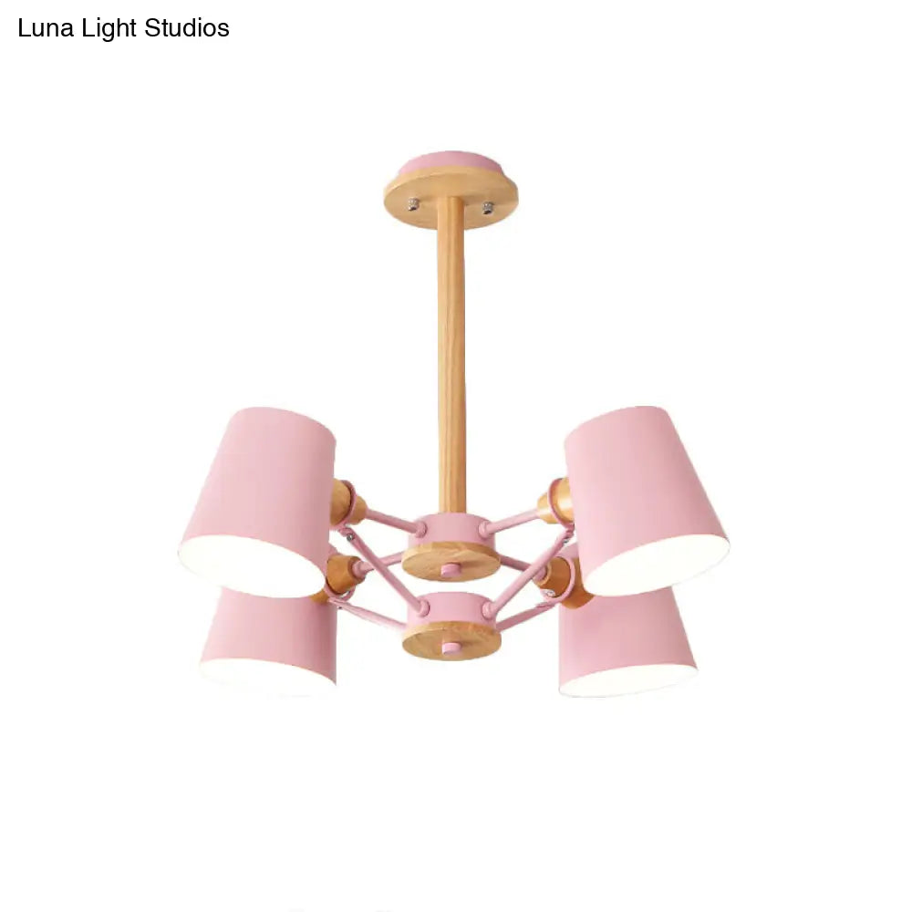 Macaron 4-Light Semi Flush Ceiling Lamp Pink/Yellow Barrel With Wood Rod