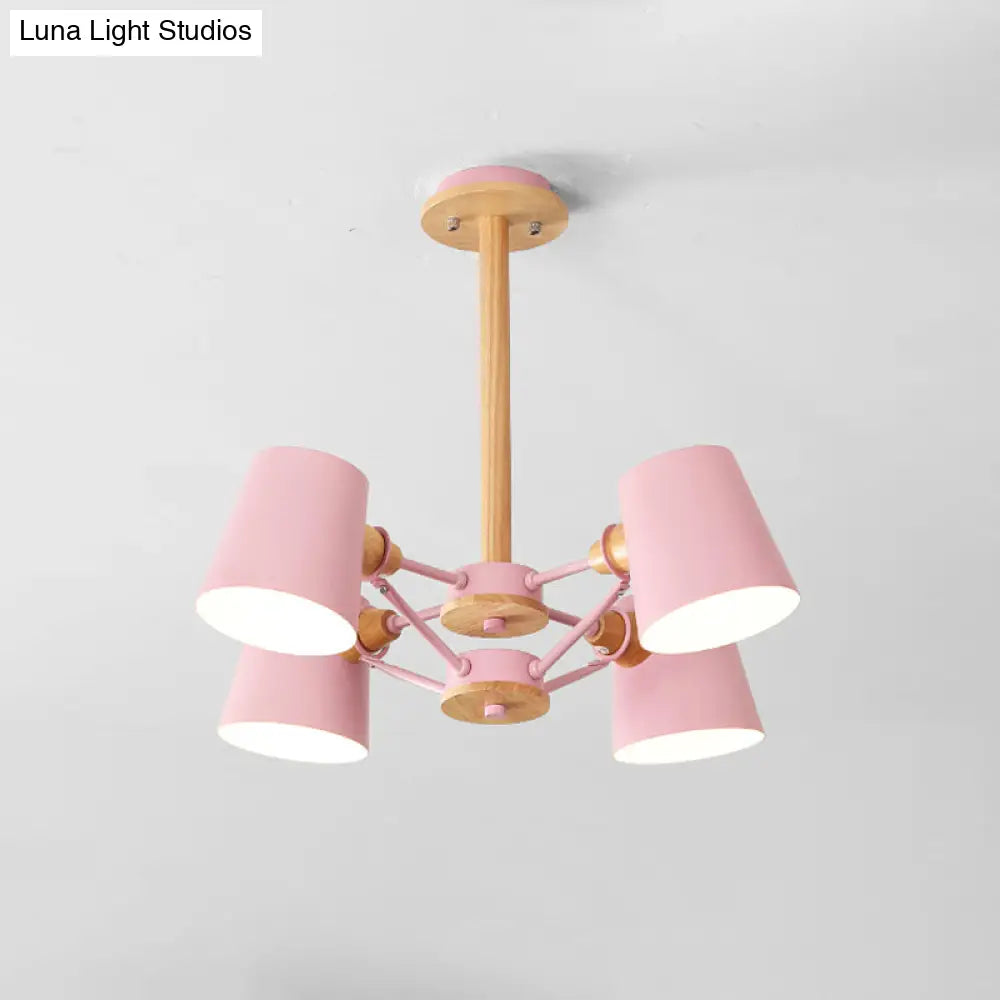 Macaron 4-Light Semi Flush Ceiling Lamp Pink/Yellow Barrel With Wood Rod