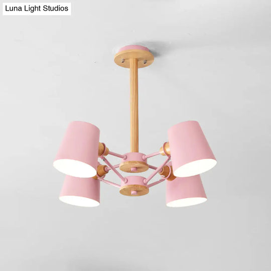 Macaron 4-Light Semi Flush Ceiling Lamp Pink/Yellow Barrel With Wood Rod