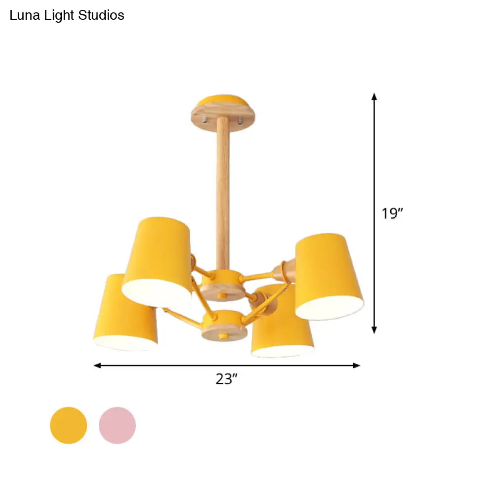 Macaron 4-Light Semi Flush Ceiling Lamp Pink/Yellow Barrel With Wood Rod