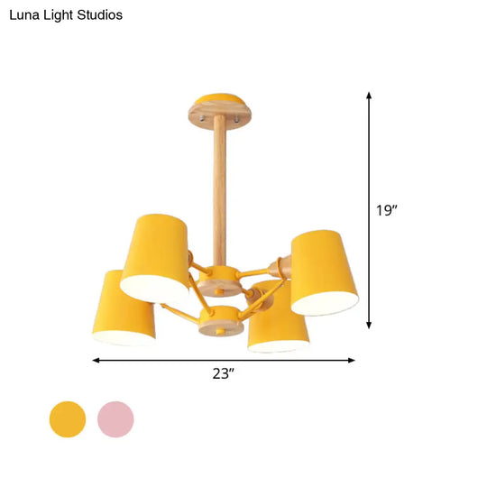 Macaron 4-Light Semi Flush Ceiling Lamp Pink/Yellow Barrel With Wood Rod