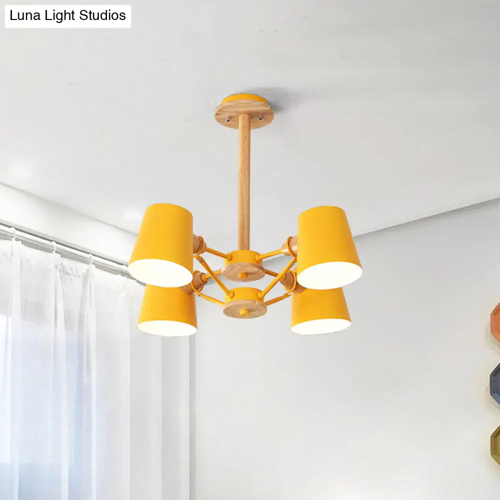 Macaron 4-Light Semi Flush Ceiling Lamp Pink/Yellow Barrel With Wood Rod Yellow