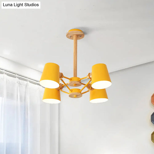 Macaron 4-Light Semi Flush Ceiling Lamp Pink/Yellow Barrel With Wood Rod Yellow