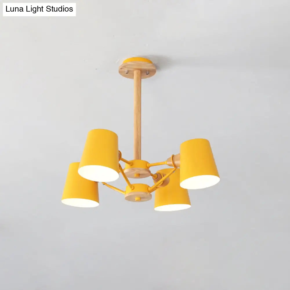 Macaron 4-Light Semi Flush Ceiling Lamp Pink/Yellow Barrel With Wood Rod