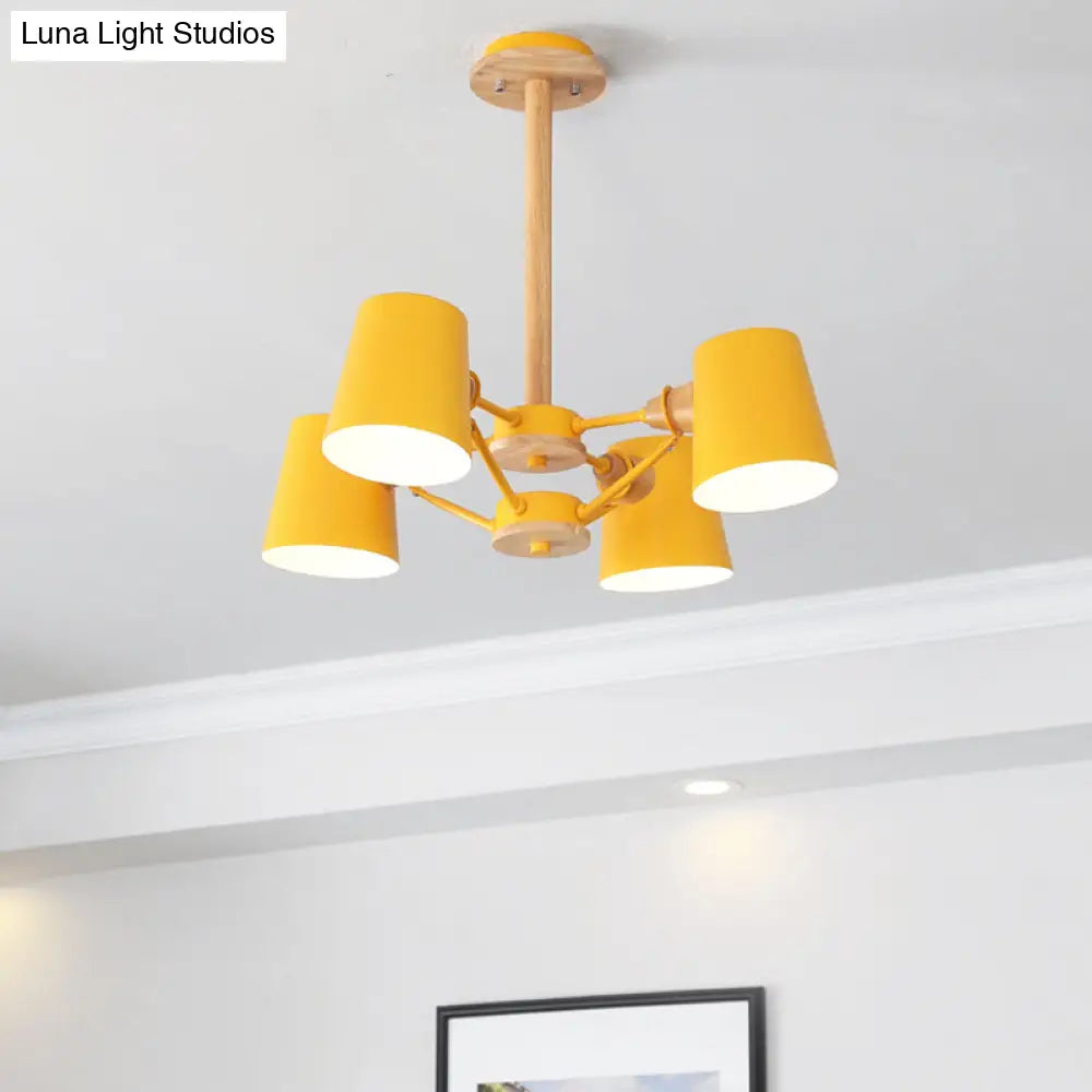 Macaron 4 - Light Semi Flush Ceiling Lamp Pink/Yellow Barrel With Wood Rod