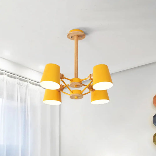 Macaron 4 - Light Semi Flush Ceiling Lamp Pink/Yellow Barrel With Wood Rod Yellow