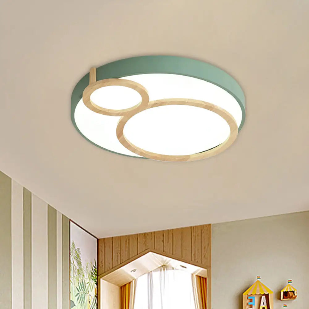 Macaron Acrylic Led Flush Mount Light Fixture With Wood Accent - White/Green/Grey Green