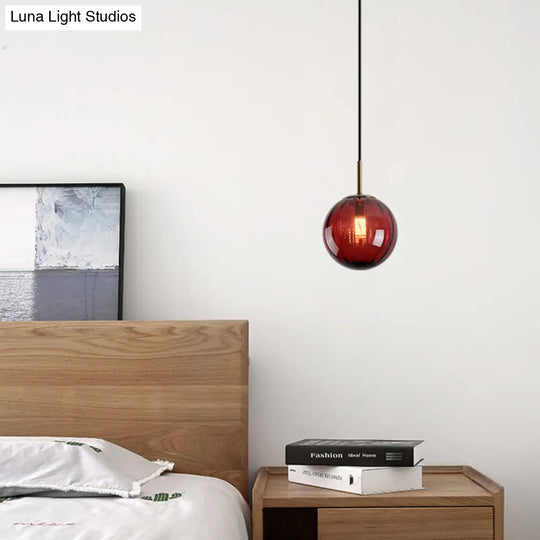 Macaron Amber/Green/Red Glass Bubble Pendant Light For Bedroom | 1-Head Ceiling Hanging Design