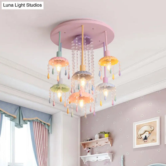 Macaron Beaded Crystal 7-Light Pink Semi Flush Mount Ceiling Light For Girls Bedroom