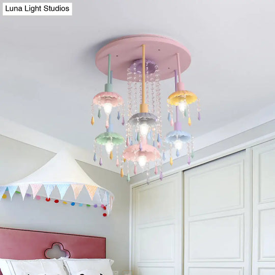 Macaron Beaded Crystal 7-Light Pink Semi Flush Mount Ceiling Light For Girls Bedroom