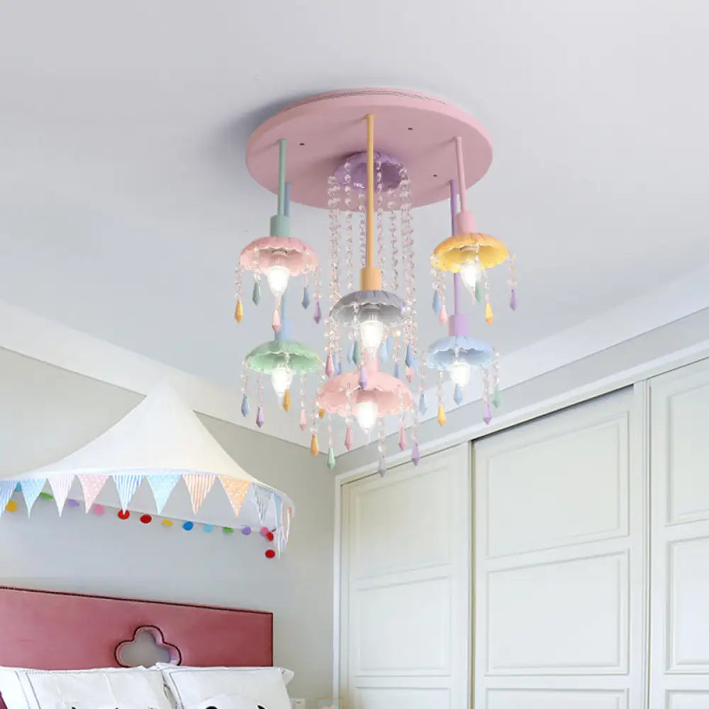 Macaron Beaded Crystal 7 - Light Pink Semi Flush Mount Ceiling Light For Girls’ Bedroom