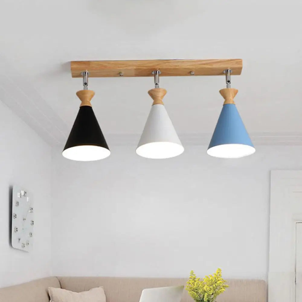 Macaron Black - White - Blue & Wood Semi Flush Lamp - 3 Heads Living Room Ceiling Light