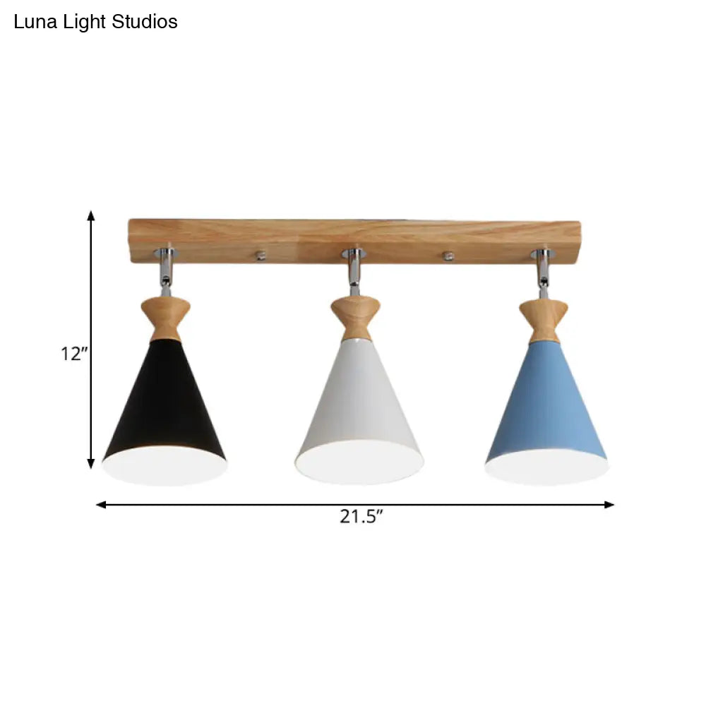 Macaron Black-White-Blue & Wood Semi Flush Lamp - 3 Heads Living Room Ceiling Light