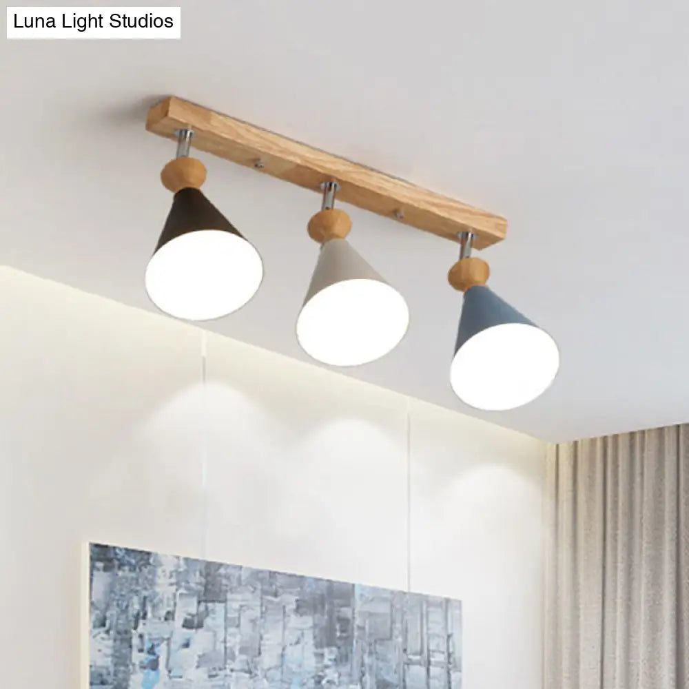 Macaron Black - White - Blue & Wood Semi Flush Lamp - 3 Heads Living Room Ceiling Light