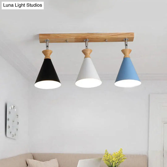 Macaron Black-White-Blue & Wood Semi Flush Lamp - 3 Heads Living Room Ceiling Light