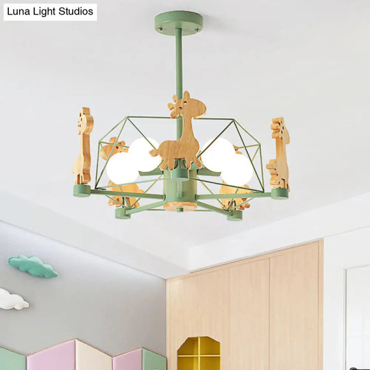 Macaron Cage Pendant Light - Metal 4-Head Chandelier For Bedroom With Wooden Giraffe Deco