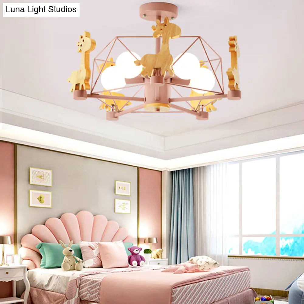 Macaron Cage Pendant Light - Metal 4-Head Chandelier For Bedroom With Wooden Giraffe Deco