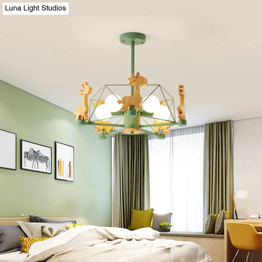 Macaron Cage Pendant Light - Metal 4-Head Chandelier For Bedroom With Wooden Giraffe Deco